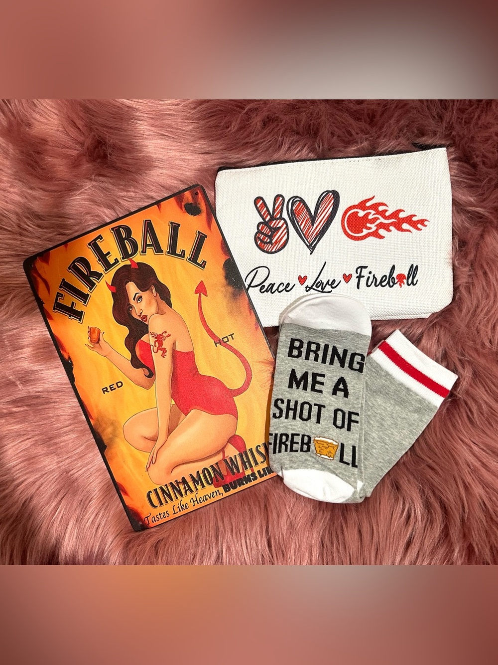 Fireball Socks, Metal Sign, Make-Up Bag
